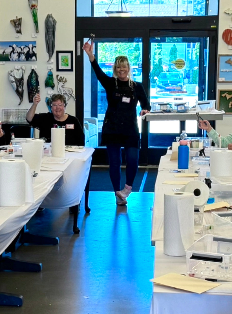 July 19 Fused Glass Workshop in Grand Haven 1pm-3pm -Fused Glass Bluebirds On Stand